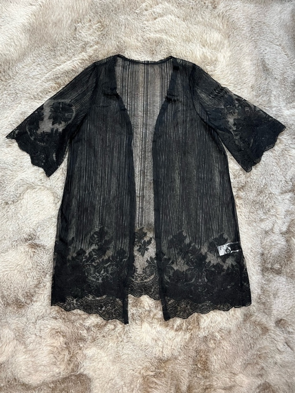Black Lace Open Front Sheer Mesh Kimono Swim Cover Up NWOT